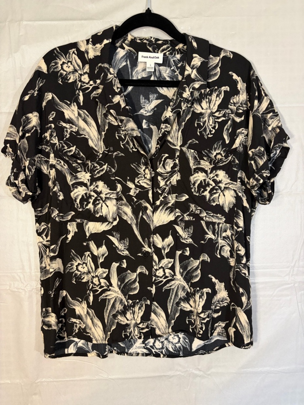 84. Frank and Oak Woman’s Black Floral Short-Sleeve Shirt
